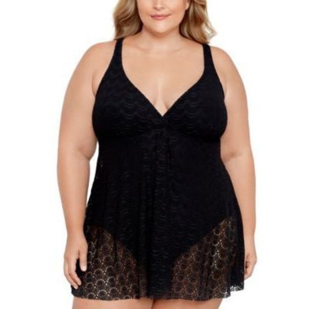 NWT Swim Solutions Plus Size Crochet Flyaway Tummy-Control Swimdress Black 22W